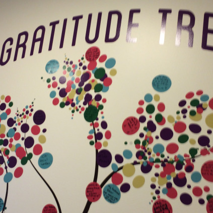 Visitors write their expressions of gratitude on little stickers which then blossom into the Gratitude Tree.