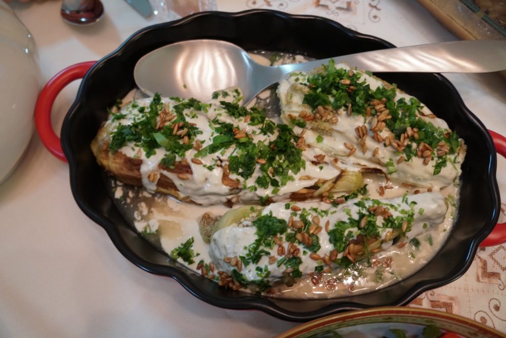 Prepared by Aya’s mother: Stuffed eggplant with pine nuts and tahini sauce