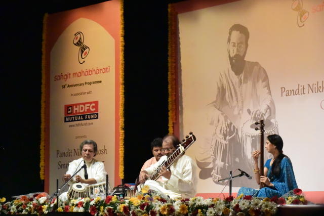 Nayan Ghosh, sitar, with Swapan Chaudhuri, tabla, as Nikhil Ghosh looks on